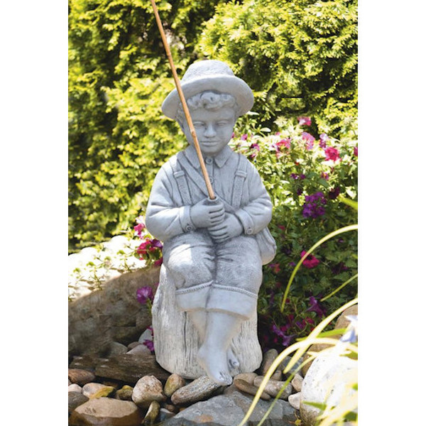 Boy Fisher Garden Statue Sitting at edge of water sculpture cement